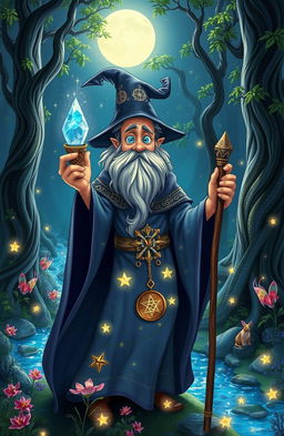 A whimsical sorcerer in a mystical forest, wearing a flowing robe adorned with shimmering stars and ancient symbols