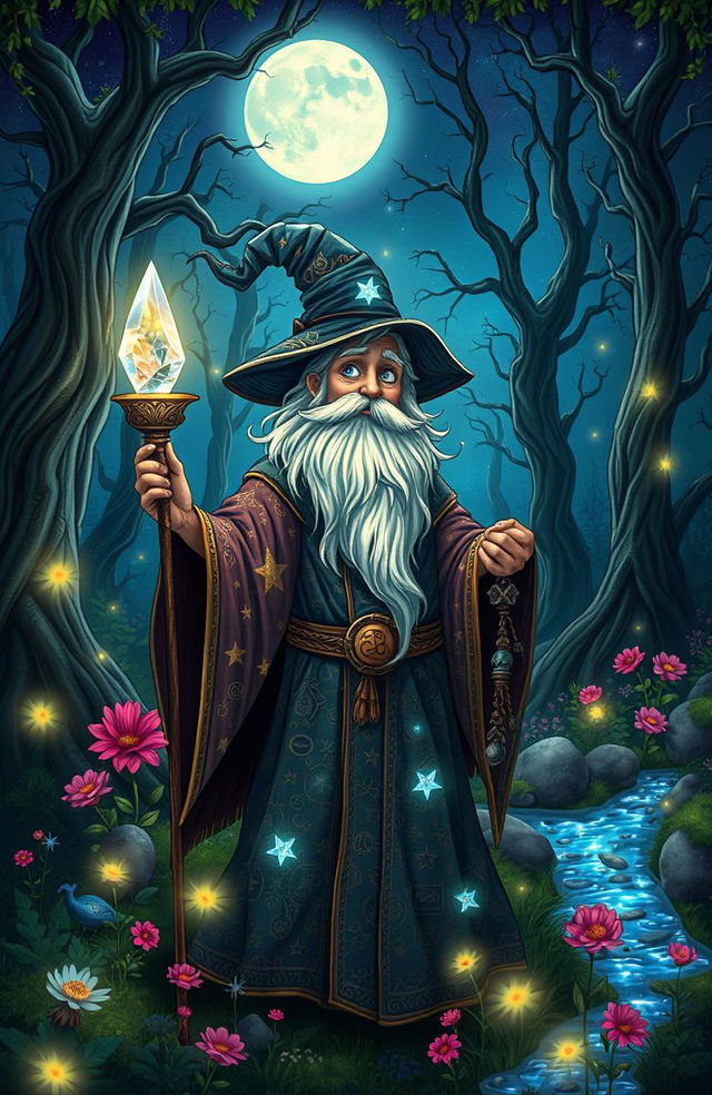 A whimsical sorcerer in a mystical forest, wearing a flowing robe adorned with shimmering stars and ancient symbols