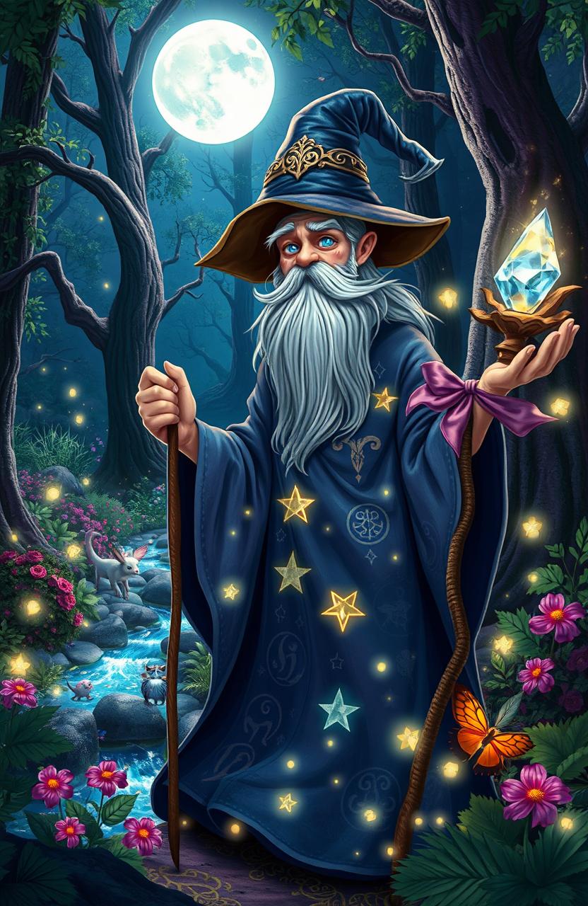 A whimsical sorcerer in a mystical forest, wearing a flowing robe adorned with shimmering stars and ancient symbols