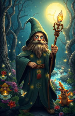 A whimsical sorcerer in a mystical forest, wearing a flowing robe adorned with shimmering stars and ancient symbols