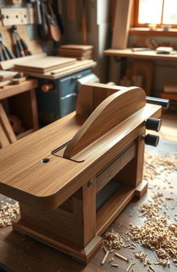 A realistic and detailed rendering of a modern woodworking planer, featuring its smooth wooden body with a polished finish, sharp blades visible, and a sturdy base