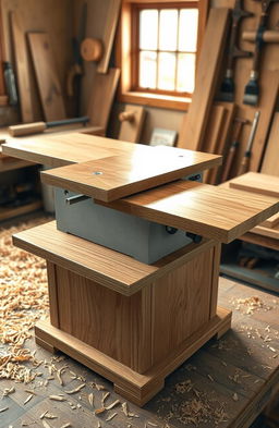 A realistic and detailed rendering of a modern woodworking planer, featuring its smooth wooden body with a polished finish, sharp blades visible, and a sturdy base