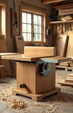 A realistic and detailed rendering of a modern woodworking planer, featuring its smooth wooden body with a polished finish, sharp blades visible, and a sturdy base