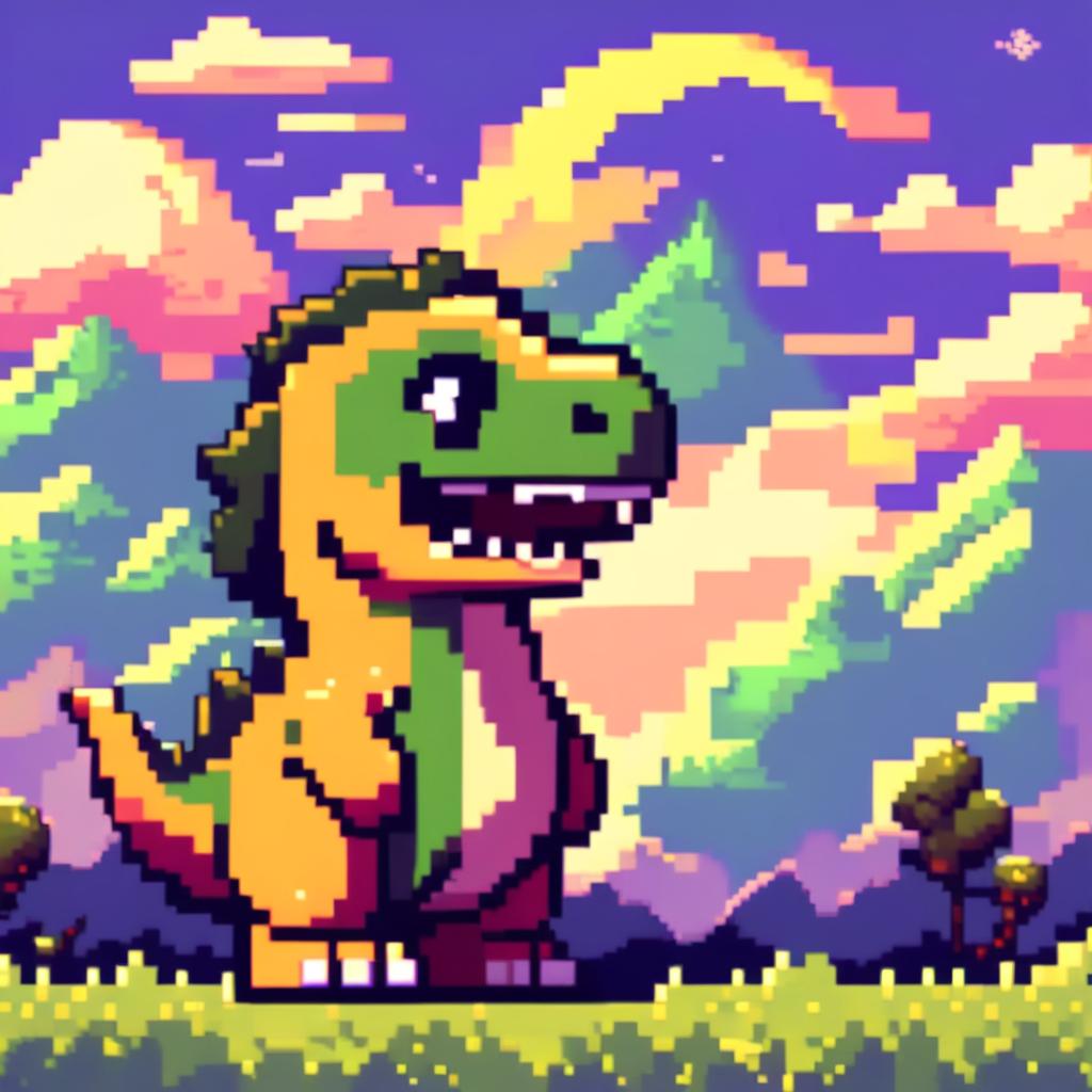 Pixel art PFP featuring an adorable green and yellow T-Rex against a backdrop of a dusk sky with floating clouds.