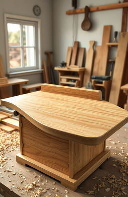 A realistic and detailed rendering of a modern woodworking planer, featuring its smooth wooden body with a polished finish, sharp blades visible, and a sturdy base