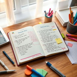 An aesthetically pleasing and organized homework diary, featuring colorful pages filled with neatly written notes, assignments, and to-do lists