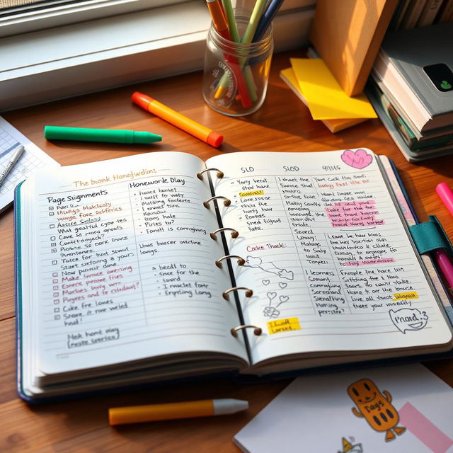 An aesthetically pleasing and organized homework diary, featuring colorful pages filled with neatly written notes, assignments, and to-do lists