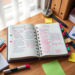 An aesthetically pleasing and organized homework diary, featuring colorful pages filled with neatly written notes, assignments, and to-do lists