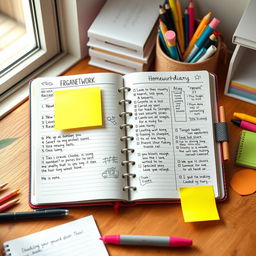 An aesthetically pleasing and organized homework diary, featuring colorful pages filled with neatly written notes, assignments, and to-do lists