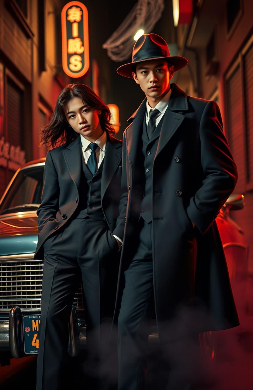 A stylish and intriguing scene capturing the essence of mafia culture featuring Jeonghan and Joshua from Seventeen