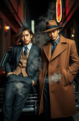 A stylish and intriguing scene capturing the essence of mafia culture featuring Jeonghan and Joshua from Seventeen