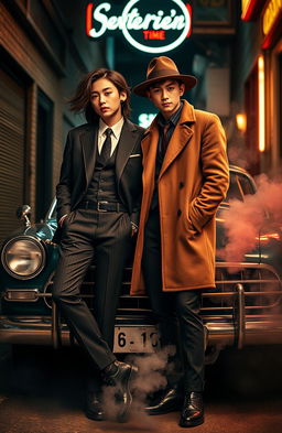 A stylish and intriguing scene capturing the essence of mafia culture featuring Jeonghan and Joshua from Seventeen