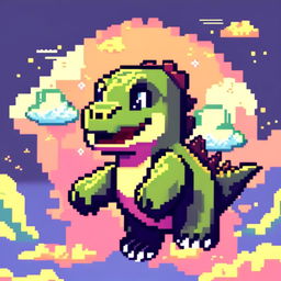 Pixel art PFP featuring an adorable green and yellow T-Rex against a backdrop of a dusk sky with floating clouds.