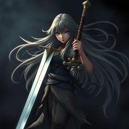 A captivating scene featuring a girl with long, flowing hair, standing confidently while holding a beautifully crafted sword