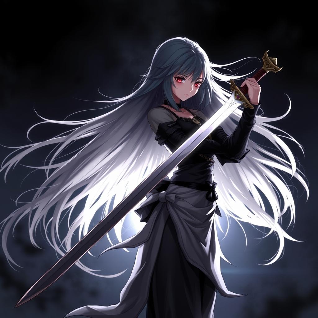 A captivating scene featuring a girl with long, flowing hair, standing confidently while holding a beautifully crafted sword