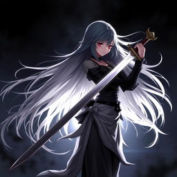 A captivating scene featuring a girl with long, flowing hair, standing confidently while holding a beautifully crafted sword