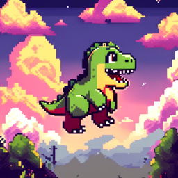 Pixel art PFP featuring an adorable green and yellow T-Rex against a backdrop of a dusk sky with floating clouds.