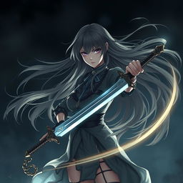 A captivating scene featuring a girl with long, flowing hair, standing confidently while holding a beautifully crafted sword