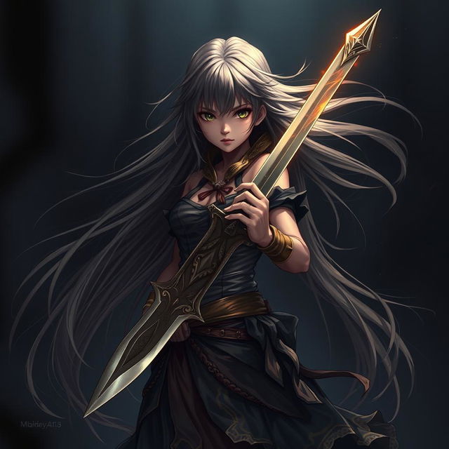 A captivating scene featuring a girl with long, flowing hair, standing confidently while holding a beautifully crafted sword