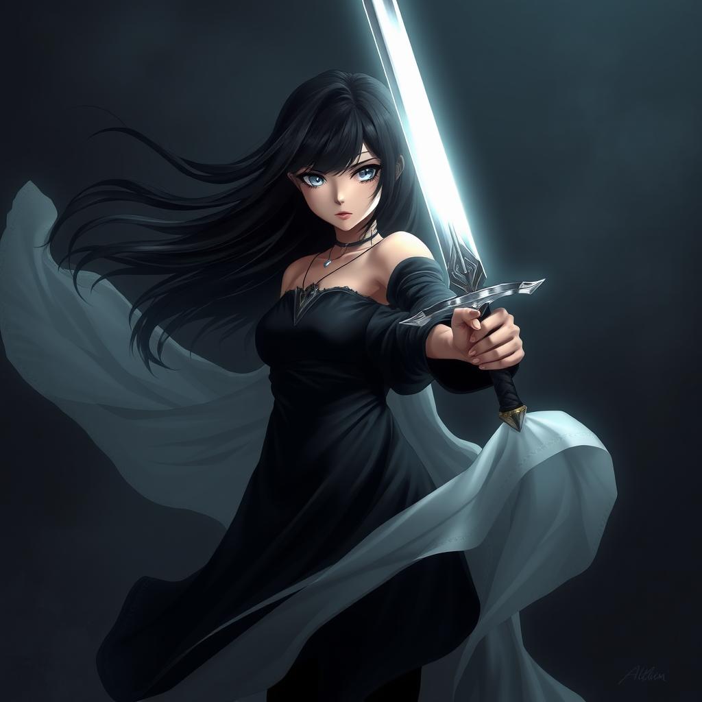 A striking image of a girl with flowing black hair, elegantly dressed in a flowing gown, standing in a strong pose while holding a gleaming sword