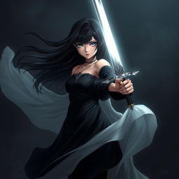 A striking image of a girl with flowing black hair, elegantly dressed in a flowing gown, standing in a strong pose while holding a gleaming sword