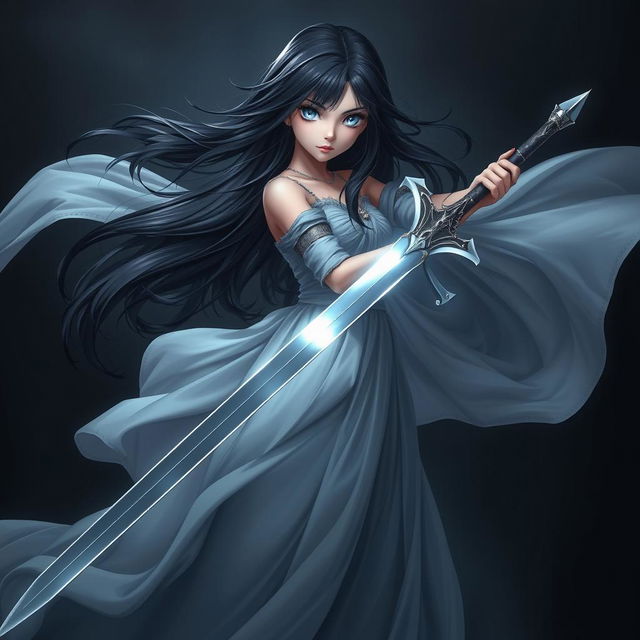 A striking image of a girl with flowing black hair, elegantly dressed in a flowing gown, standing in a strong pose while holding a gleaming sword