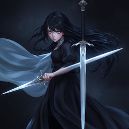 A striking image of a girl with flowing black hair, elegantly dressed in a flowing gown, standing in a strong pose while holding a gleaming sword