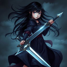 A striking image of a girl with flowing black hair, elegantly dressed in a flowing gown, standing in a strong pose while holding a gleaming sword