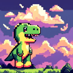 Pixel art PFP featuring an adorable green and yellow T-Rex against a backdrop of a dusk sky with floating clouds.