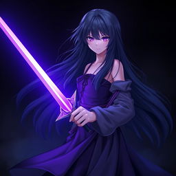 A stunning scene of a girl with long, flowing black hair, dressed in an elegant gown, standing boldly in front of a dark, dramatic background
