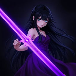 A stunning scene of a girl with long, flowing black hair, dressed in an elegant gown, standing boldly in front of a dark, dramatic background