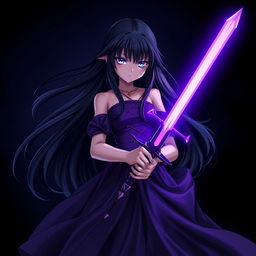 A stunning scene of a girl with long, flowing black hair, dressed in an elegant gown, standing boldly in front of a dark, dramatic background