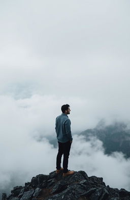 A contemplative scene featuring a man standing alone on a mountain peak, gazing out over a vast landscape