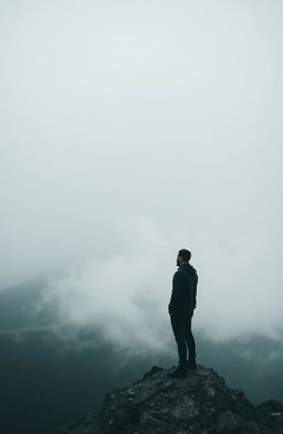 A contemplative scene featuring a man standing alone on a mountain peak, gazing out over a vast landscape