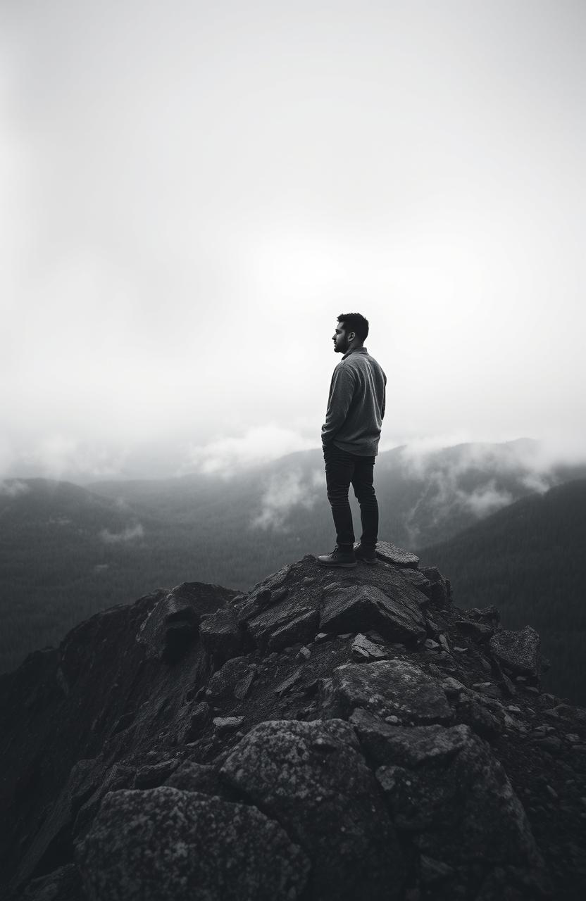 A contemplative scene featuring a man standing alone on a mountain peak, gazing out over a vast landscape