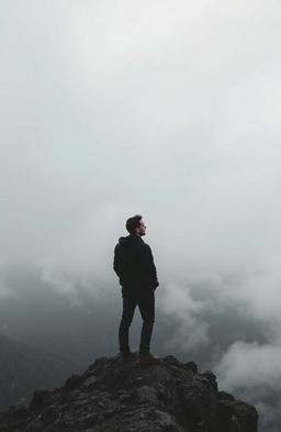 A contemplative scene featuring a man standing alone on a mountain peak, gazing out over a vast landscape