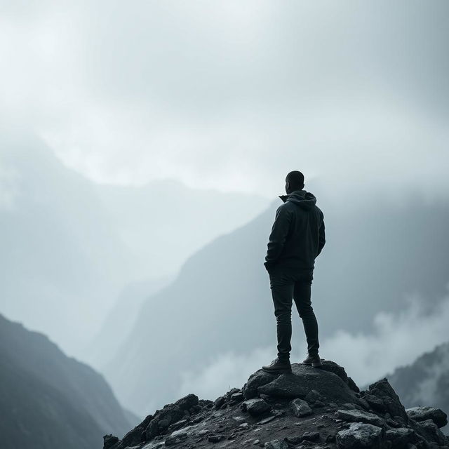 A distant and poignant scene showcasing a black man standing alone on a mountain peak, surrounded by a landscape enveloped in shades of grey