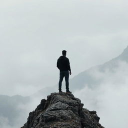 A distant and poignant scene showcasing a black man standing alone on a mountain peak, surrounded by a landscape enveloped in shades of grey