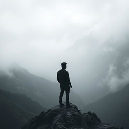 A distant and poignant scene showcasing a black man standing alone on a mountain peak, surrounded by a landscape enveloped in shades of grey