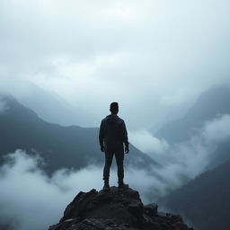 A distant and poignant scene showcasing a black man standing alone on a mountain peak, surrounded by a landscape enveloped in shades of grey