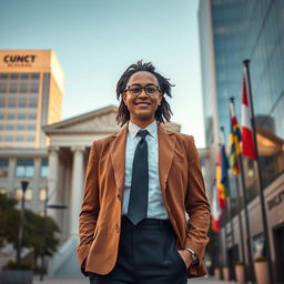 A portrayal of a just and civilized person, standing confidently in a modern urban environment, embodying equality and respect for all