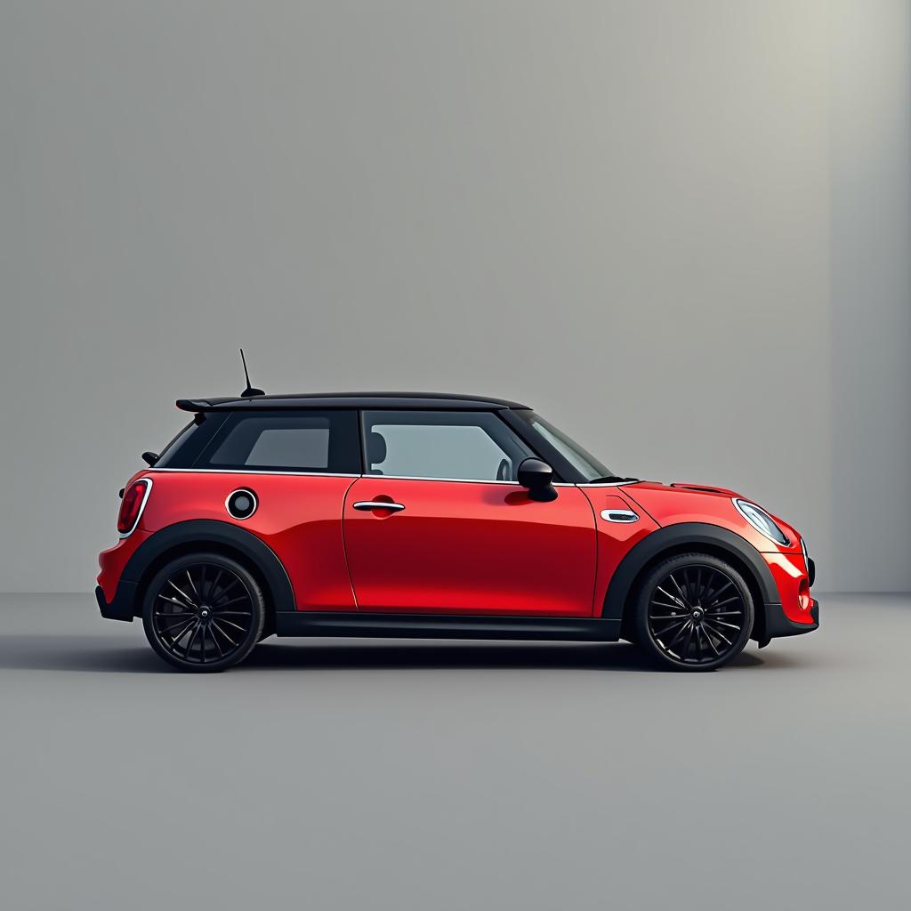 A striking Mini Cooper with a vibrant red finish, featuring sleek black wheels, beautifully positioned against a smooth gray background