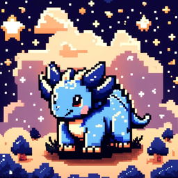 Pixel art PFP featuring a cute blue and white Triceratops against a backdrop of a starry night sky.