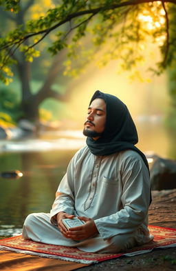 A serene and peaceful setting capturing the essence of Dzikir (remembrance of God), featuring an individual in deep meditation with a soft glow surrounding them
