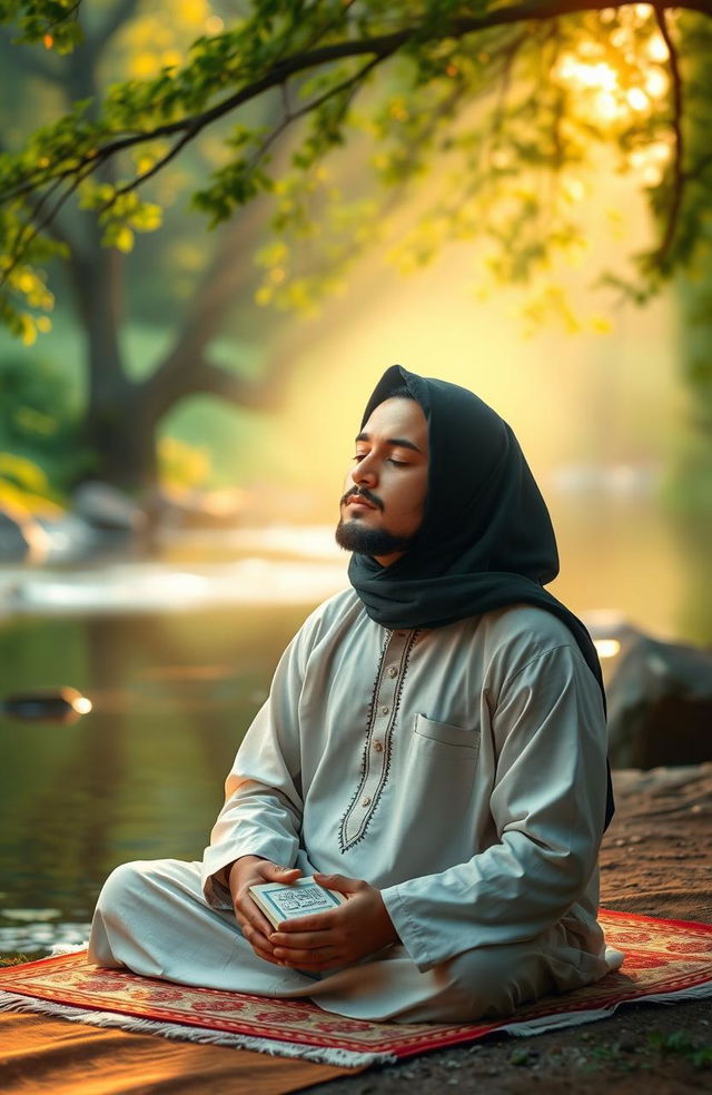 A serene and peaceful setting capturing the essence of Dzikir (remembrance of God), featuring an individual in deep meditation with a soft glow surrounding them