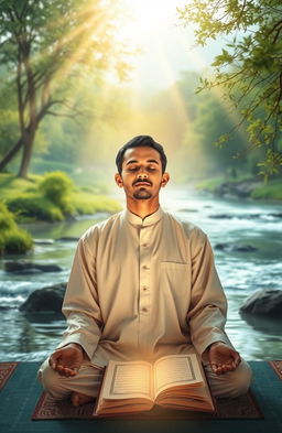 A serene and peaceful setting capturing the essence of Dzikir (remembrance of God), featuring an individual in deep meditation with a soft glow surrounding them