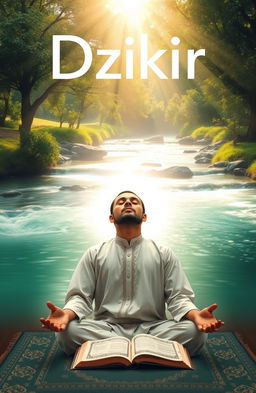 A serene and peaceful setting capturing the essence of Dzikir (remembrance of God), featuring an individual in deep meditation with a soft glow surrounding them