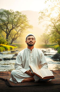 A serene and peaceful setting capturing the essence of Dzikir (remembrance of God), featuring an individual in deep meditation with a soft glow surrounding them
