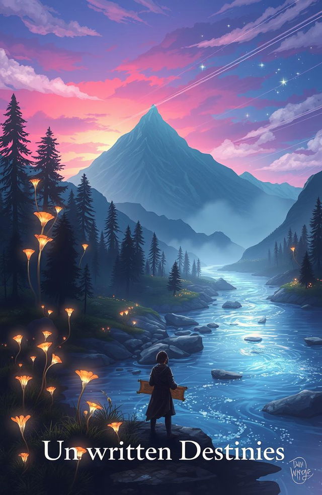 A dreamy fantasy landscape illustrating the theme of 'Unwritten Destinies', featuring a mystical forest with ethereal glowing plants, a flowing river with sparkling water, and majestic mountains in the background