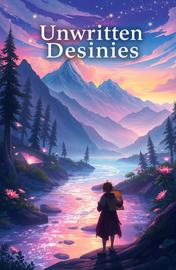 A dreamy fantasy landscape illustrating the theme of 'Unwritten Destinies', featuring a mystical forest with ethereal glowing plants, a flowing river with sparkling water, and majestic mountains in the background